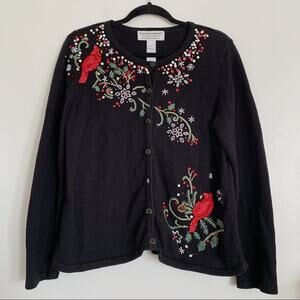 Black Vintage Cardinal Birds Beaded Christmas Cardigan Sweater L